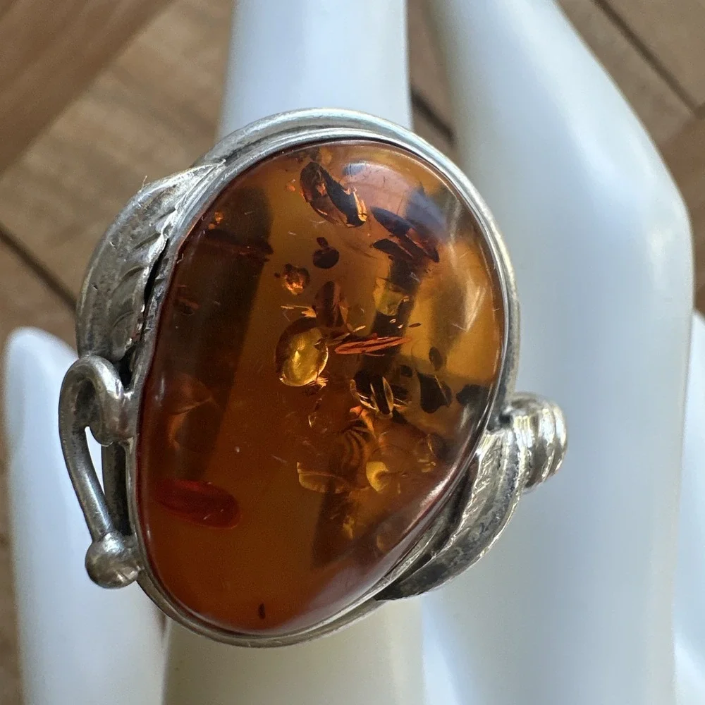 Vintage Artisan Brutalist Ring Size 7 Poland Baltic Amber 925 Sterling 12.5g MCM
